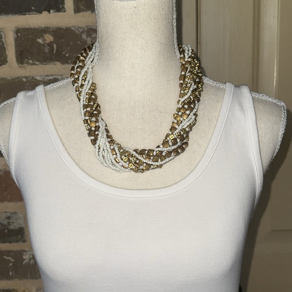 Stunning White & Gold Beaded Multi-Strand Twist Necklace & Bracelet Set Unique - Picture 12 of 16